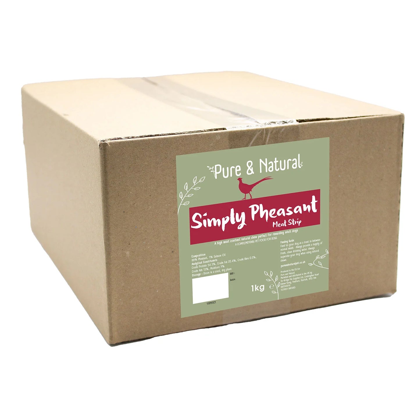 A cardboard box labeled 'Pure & Natural PN721 Simply Pheasant' with a weight indication of 1kg on the front.