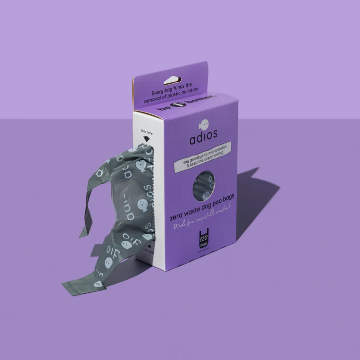 Adios Zero Plastic Poo Bags GREY Dispenser 120 Bags Handled