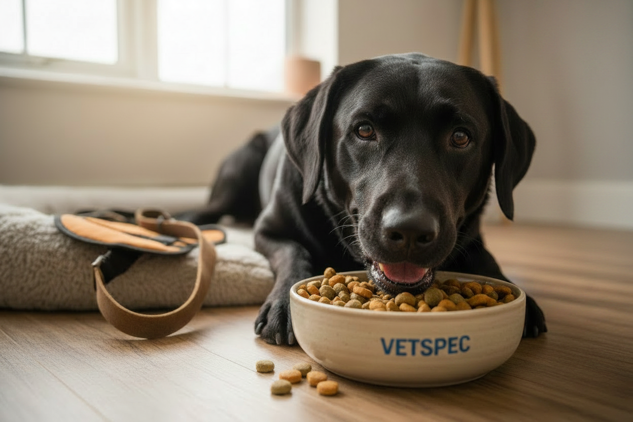 Black Labrador eating from Vetspec branded bowl