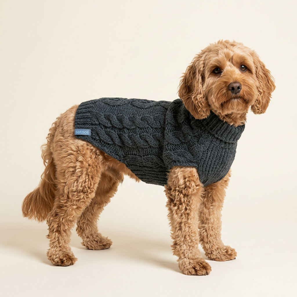 Dog wearing the grey Sotnos Chunky Cable Knit Dog Jumper