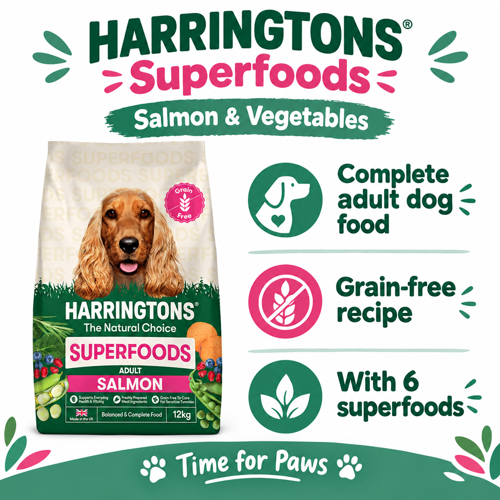 Harringtons Superfoods Salmon and Vegetables 12kg infographic showing complete adult food, grain-free recipe and six superfoods