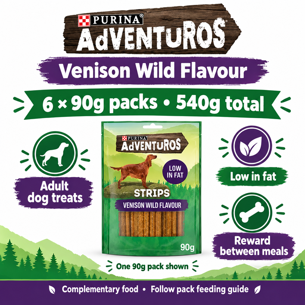 Purina Adventuros Venison Flavour Strips infographic showing one 90g pouch, six packs supplied and 540g total