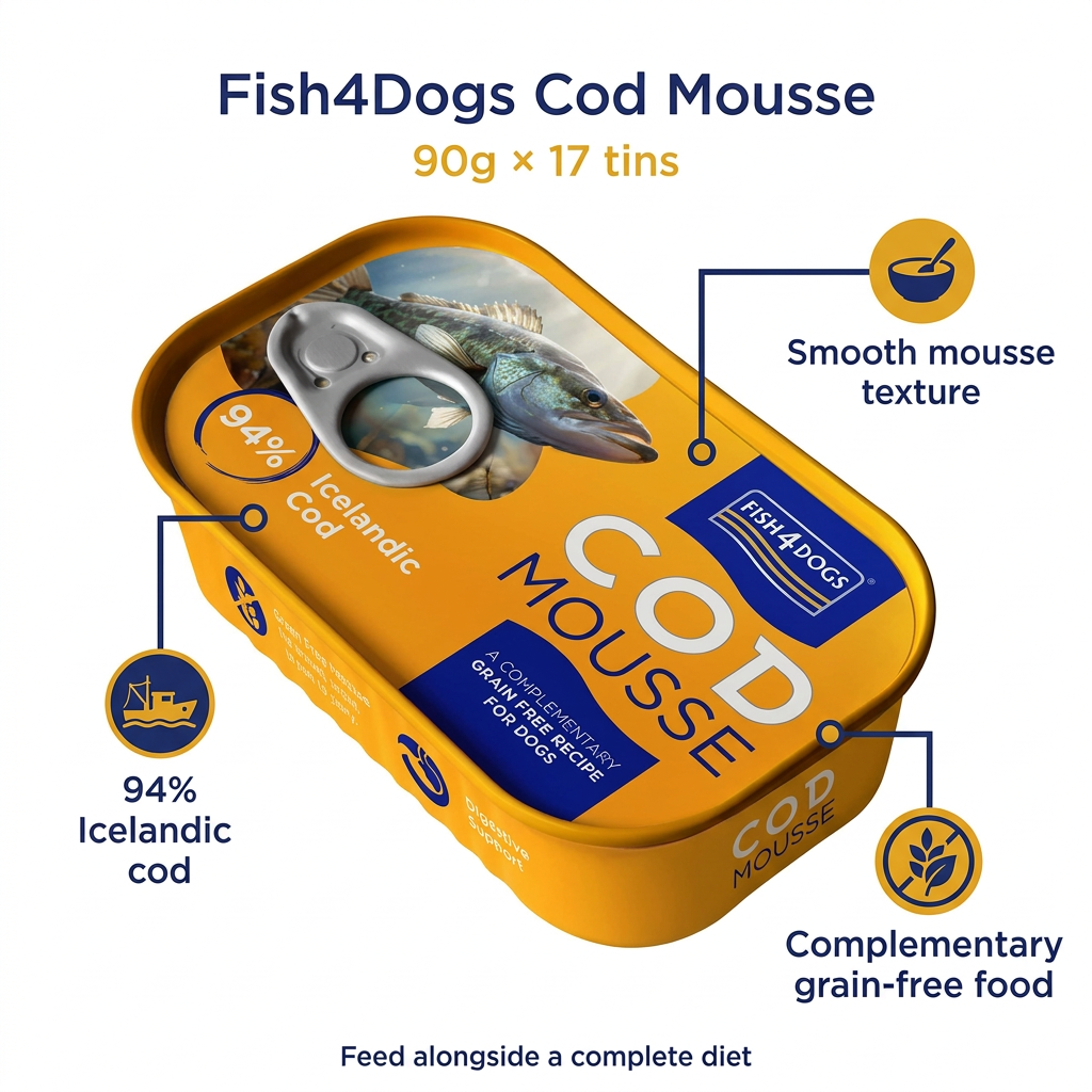 Fish4Dogs Cod Mousse 90g x 17 tins: 94% Icelandic cod, smooth mousse texture and complementary grain-free food. Feed alongside a complete diet.