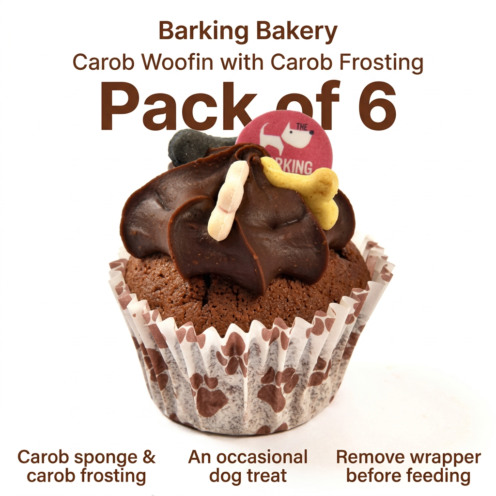 Barking Bakery Carob Woofin with carob frosting pack of six infographic, with occasional-treat and wrapper-removal guidance.