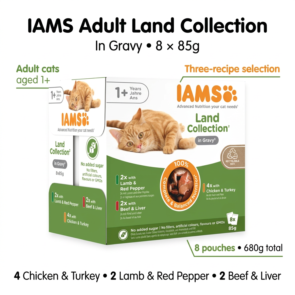 IAMS Adult Land Collection in Gravy eight 85g pouches: four Chicken and Turkey, two Lamb and Red Pepper, two Beef and Liver
