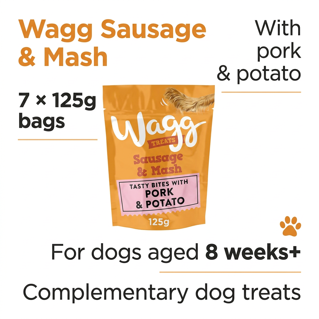 Wagg Sausage & Mash dog treats infographic showing seven 125g bags, pork and potato, and suitability for dogs aged 8 weeks and over.