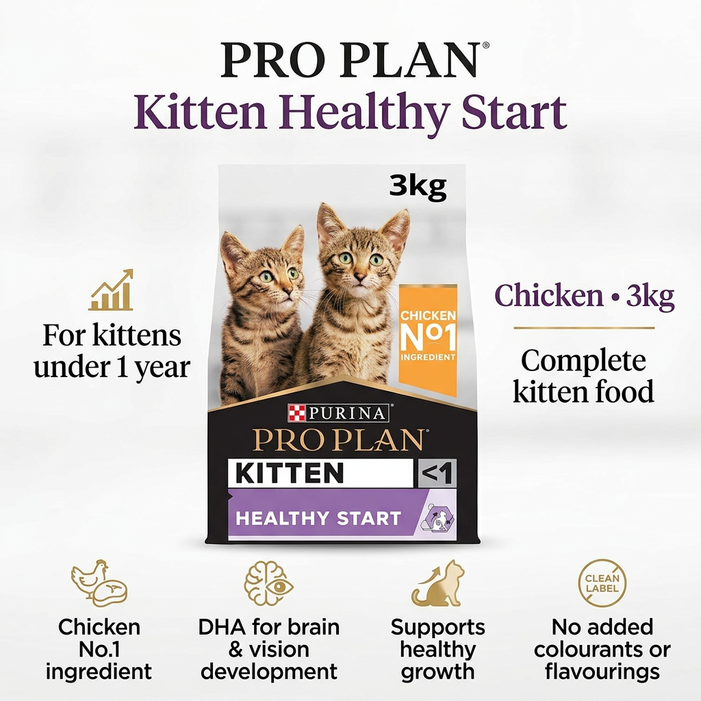 Purina PRO PLAN Kitten Healthy Start Chicken 3kg infographic: complete food for kittens under one year, chicken number-one ingredient, DHA for brain and vision development.