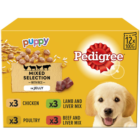 Pedigree Puppy Wet Dog Food Pouches Mixed Selection In Jelly 12 x 100g - Pack of 4