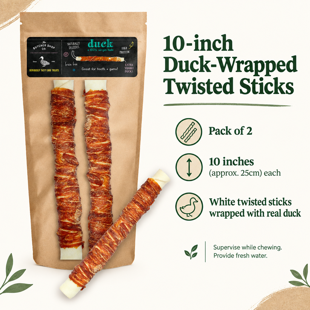 The Butcher Shop Co. duck-wrapped twisted sticks 2-pack infographic draft