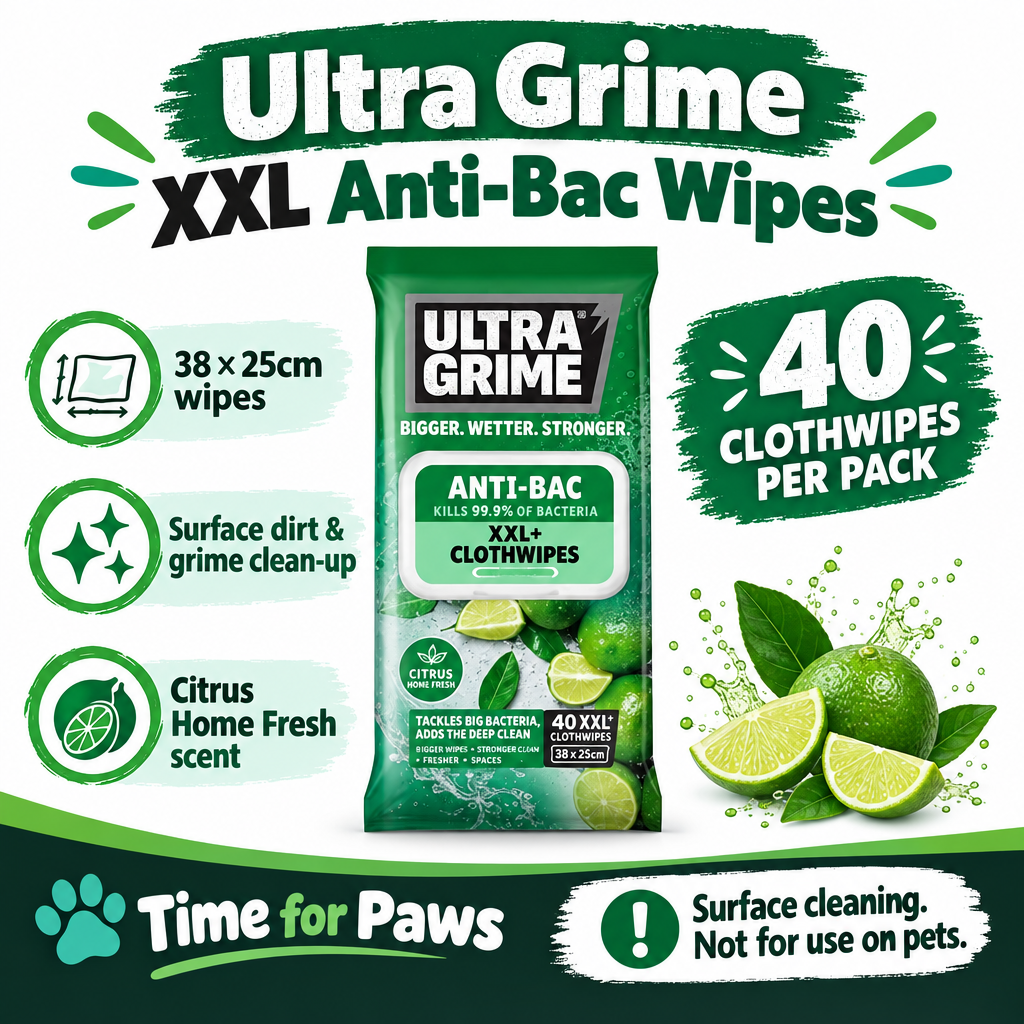 Ultra Grime XXL Anti-Bac 40-pack infographic showing 38 by 25cm clothwipes for surface cleaning, not use on pets
