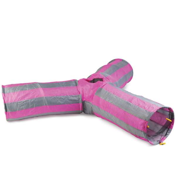 A striped gray and pink cat tunnel with three separate entrances and a pop-up hole in the center.