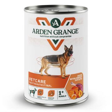 A can of Arden Grange Vetcare Gastrintestinal dog food, featuring a German Shepherd on the label, set against a plain white background.