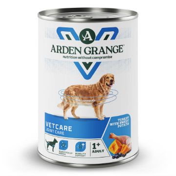 Can of Arden Grange Vetcare Joint Care dog food on a white background