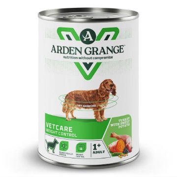 A can of Arden Grange Vetcare Weight Control dog food, featuring a white label with green accents, a brown dachshund illustration, and product details for adult dogs.