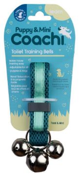 Puppy & Mini Coach Toilet Training Bells in Teal and Mint, packaged on a blue and yellow cardboard backing with a small dog illustration.