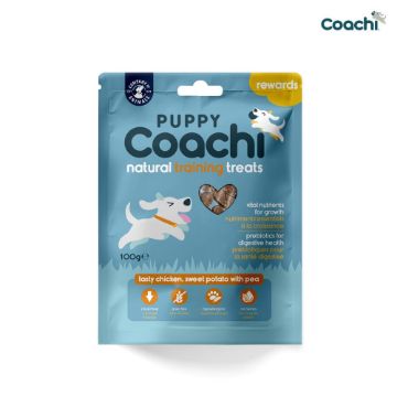 Coachi Puppy Natural Training Treats pouch in light blue packaging, featuring a cartoon puppy and a heart-shaped treat, on a white background with the Coachi logo in the top right corner.