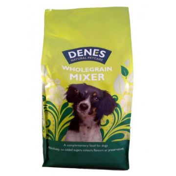 A bag of Denes Natural Petcare Wholegrain Mixer dog food, featuring a bright yellow-green bag with a picture of a black and white dog on the front.