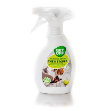 A white spray bottle of Get Off Chew Stoppa training spray, featuring a green and yellow label with an image of a dog, on a white background with a soft reflection.