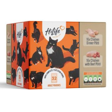 HiLife Cat Pouch Complete Chicken / Chicken with Beef Pate Wet Cat Food Pouches 32 x 70g