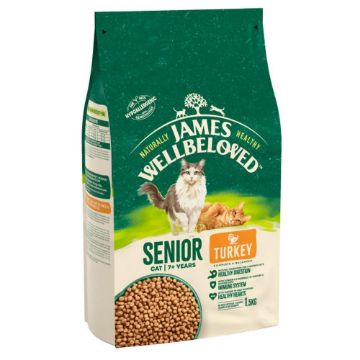 A 1.5kg bag of James Wellbeloved Senior Turkey cat food, featuring a green and cream-colored package with an illustration of a cat and a bowl of kibble.
