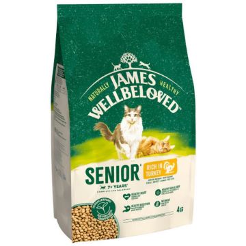 A 4kg bag of James Wellbeloved Senior cat food, rich in turkey, featuring a green and cream design with illustrations of a cat and a kitten.