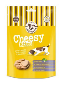 Cheesy Bites dog treats in a yellow stand-up pouch with brown and yellow vertical stripes at the top, featuring a cartoon dog and a photo of round baked treats on the front.