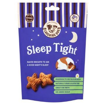A bag of Laughter Dog Sleep Tight dog biscuits, featuring a purple and blue striped design with a cartoon sleeping dog and star-shaped biscuits pictured on the front.