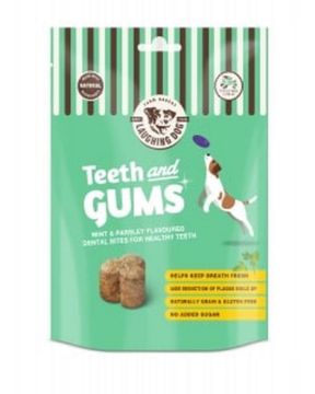 A green and white striped bag of Dog Food Care Teeth and Gums dental treats for dogs, featuring a cartoon dog and two brown square-shaped treats shown on the front.