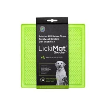 LickiMat Soother dog lick mat in bright lime green, shown with its black and white retail packaging card featuring a dog photo.