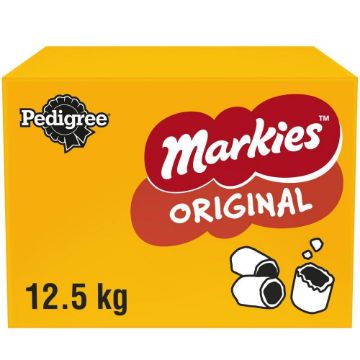 A yellow box of Pedigree Markies Original chocolate malt balls, with a 12.5 kg weight printed on the front.