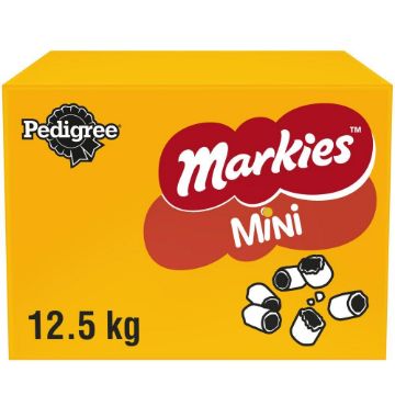 A yellow Pedigree Markies Mini 12.5 kg box of candy, featuring the red and white Markies logo and illustrations of mini candy pieces on the front.