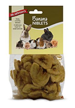 Banana Niblets for small rabbits, guinea pigs, and hamsters in a clear plastic bag with a brown and yellow header card.