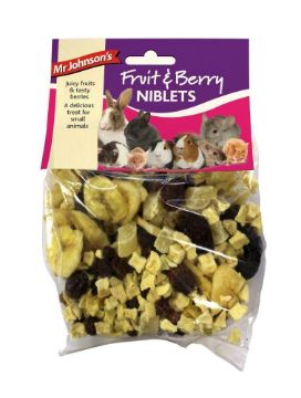 Mr. Johnson's Fruit & Berry Niblets for small pets in a clear plastic bag with a purple and pink header card showing rabbits and guinea pigs, on a white background.