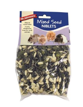 A package of Mr. Johnson's Mixed Seed Niblets for small pets, containing a mix of black and beige seeds visible through a clear plastic bag with a blue and white label.