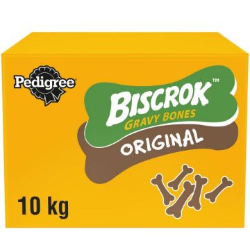 Pedigree Biscrok Original dog treats packaging box, 10 kg, featuring a bright yellow background with green and brown bone graphics.