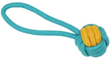 A teal blue dog rope toy with a knotted loop and a yellow padded center, shown on a plain white background.