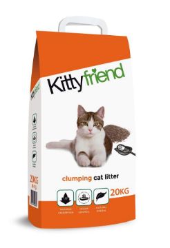 A 20kg bag of Kitty friend Clumping Cat Litter. The packaging is white and orange, featuring a photo of a tabby and white cat on the front, along with product icons at the bottom.