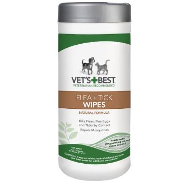 A white plastic container of Vet's Best Flea + Tick Wipes for dogs and cats, featuring a green and brown label with a silver cap, set against a plain white background.