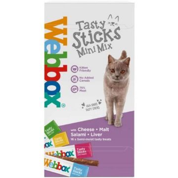 Webbox Tasty Sticks Mini Mix cat treats packaging, featuring a photo of a grey cat on a white and purple box with multicolored Webbox branding.