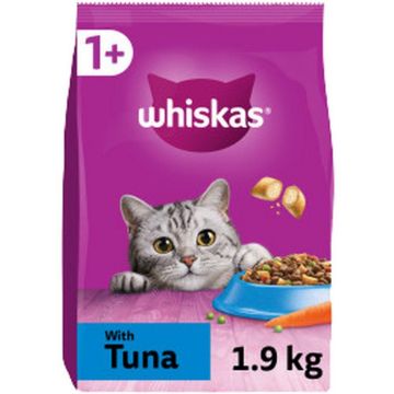 A 1.9 kg bag of Whiskas cat food with tuna, featuring a purple bag with a picture of a grey tabby cat, a blue bowl of wet food, and a carrot on a white background.