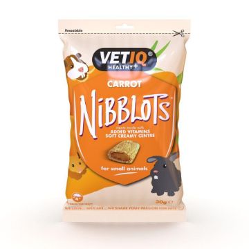 VetIQ Healthy CarrotNibblots pet treats for small animals in a 30g bag. The packaging features a bright orange and beige design with illustrations of a rabbit, a pig, and a cow, and a picture of the carrot-shaped treat.