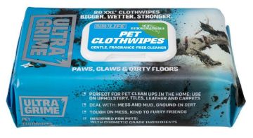A package of Ultra Grime Ultra Strong Pet Clothwipes, featuring a blue and white design with a picture of a dog on the right side and product details printed on the front.