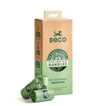 Beco dog poop bags with handles in a kraft paper and green box, with three rolls of green poop bags displayed in front on a white background.