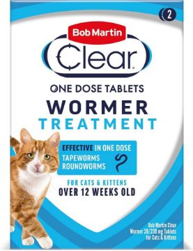 Bob Martin Clear Wormer Treatment for cats and kittens, one dose tablets, in a white and blue package with an orange tabby cat pictured on the front.