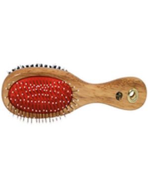 A wooden hairbrush with a red silicone bristle pad and a light brown wooden handle, shown against a plain white background.