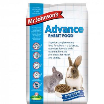 A bag of Mr. Johnson's Advance Rabbit Food featuring a white and blue design with illustrations of a gray rabbit and a white/brown rabbit next to a bowl of pellets.