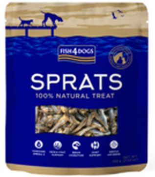 A stand-up pouch of Fish4Dog Sprats dog treats on a plain white background. The packaging is blue and beige with a window showing the small fish treats inside.