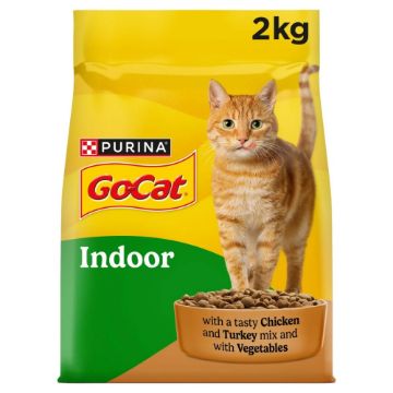 Purina GoCat Indoor cat food package with a cat on a yellow background
