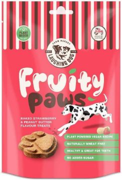A red stand-up pouch of Mousing Dog 'Fruity Paws' dog treats, featuring illustrations of a dalmatian and a strawberry-flavored treat, on a white background.