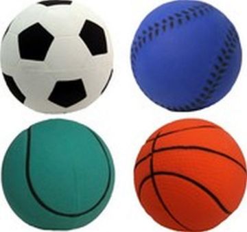 Four sports balls arranged in a 2x2 grid: a white soccer ball with black panels, a blue baseball-style ball with black seam lines, a teal basketball-style ball with black curved lines, and an orange basketball with black lines, on a white background.